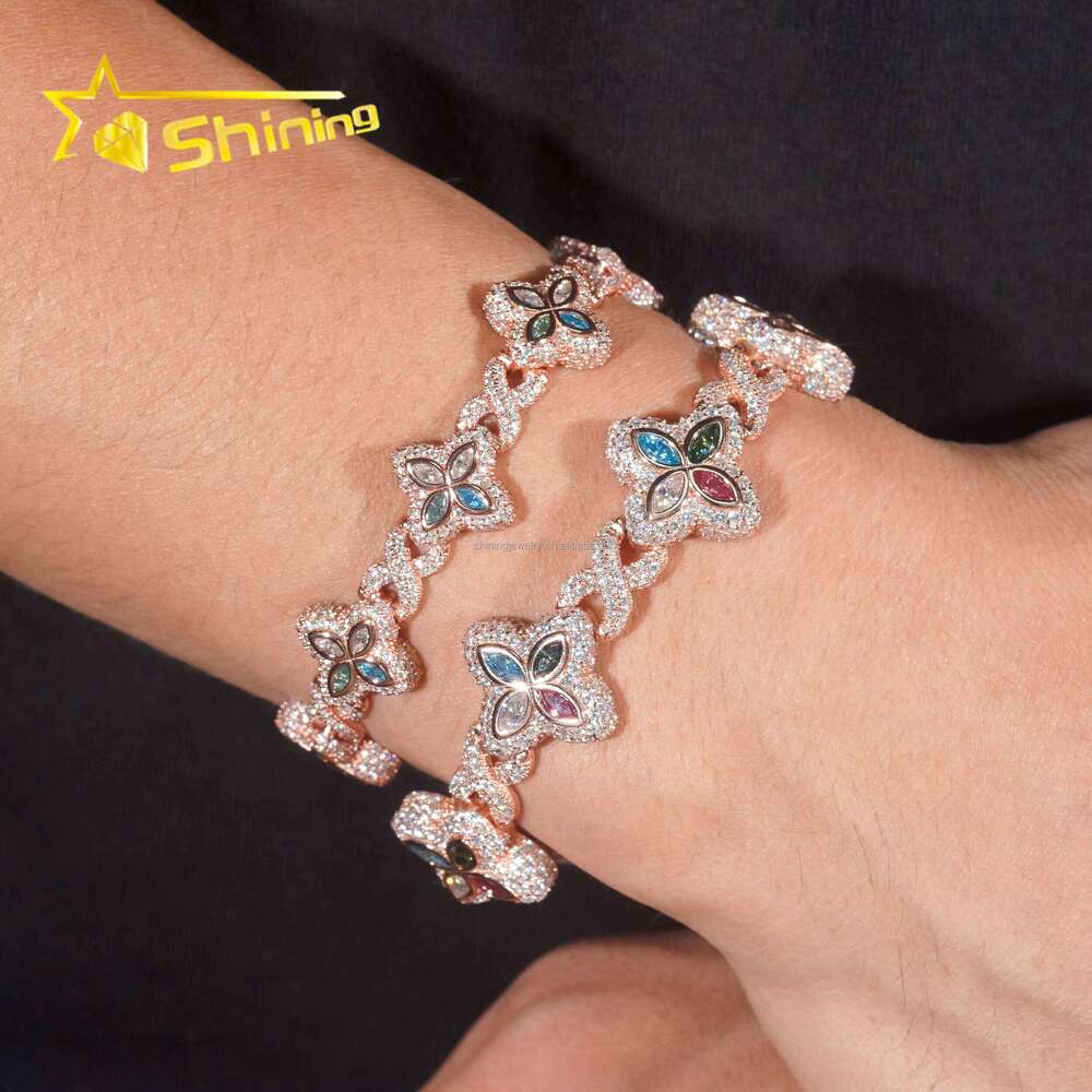 Unique Design Rapper Jewelry Hot Selling Hip Hop Mulit Color Moissanite Iced Out S Sier Cuban Clover Bracelet Men
