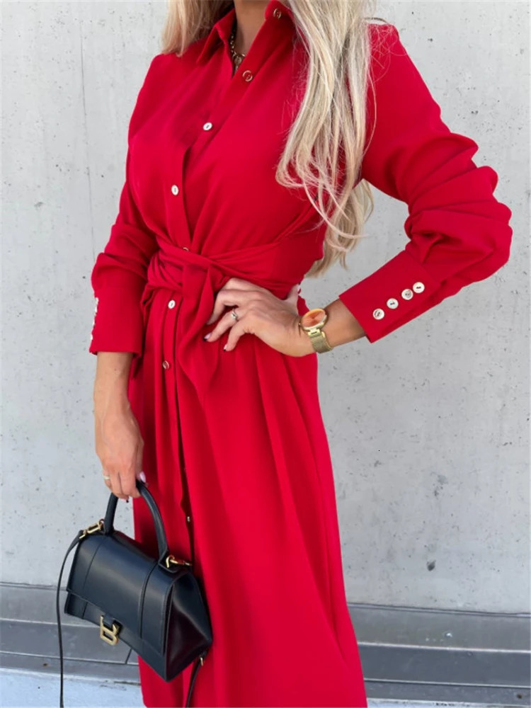 Womens in Autumn Winter Fashion Shirt Laceup Dress Solid Color Lapel Long Sleeve Single Breasted Cardigan Vestidos 251017