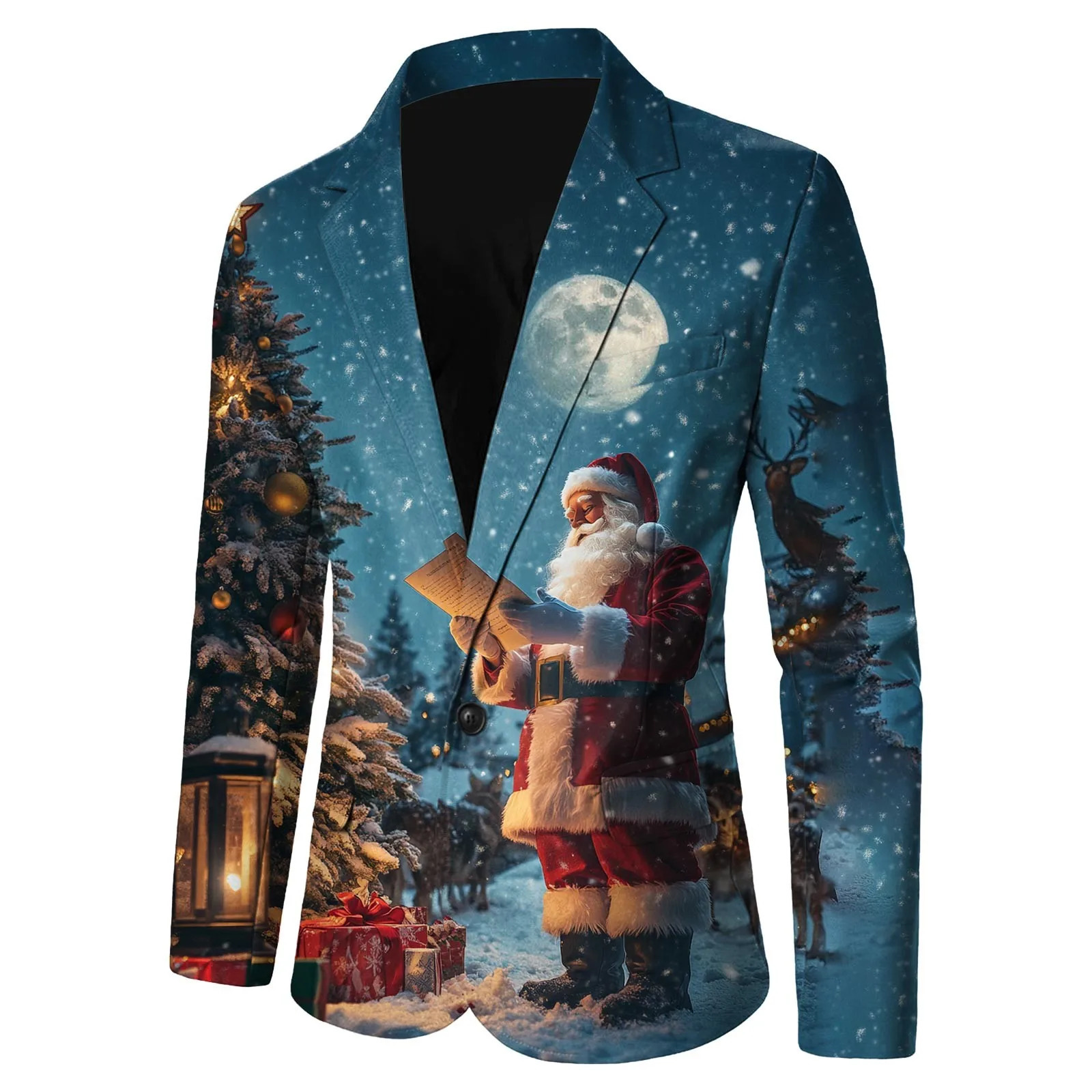 Christmas Snowflake Santa Claus Printed Blazer Men Lapel Single Button Down Suit Shiny Casual Jacket Festival Stage Party Coat 251016