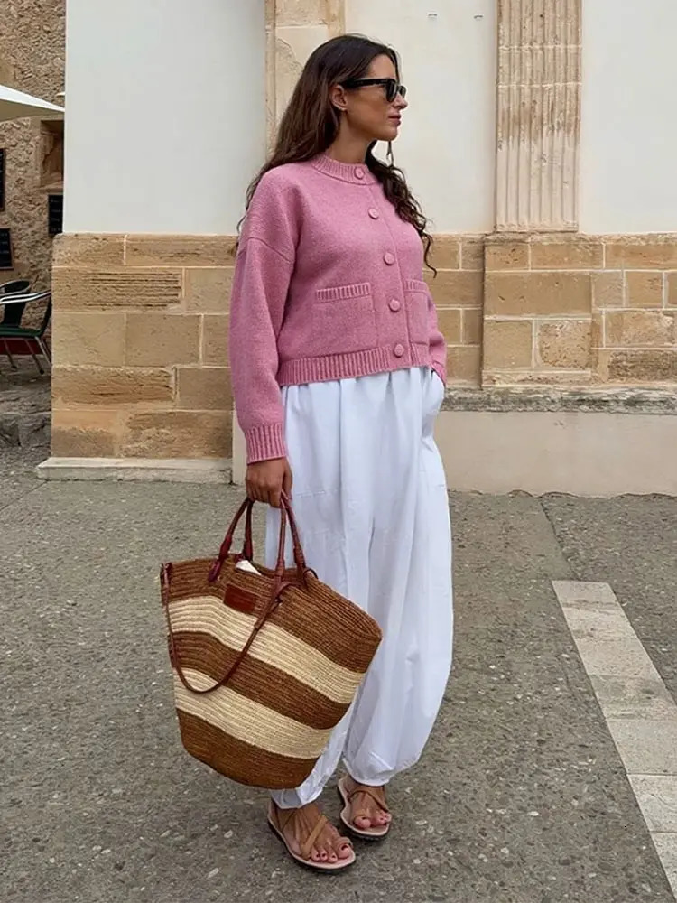 Casual Solid Knitted Sweater Women Street Single Breasted Oneck Full Sleeve Loose Open Stitch Female Autumn Lady Knitwear 251015