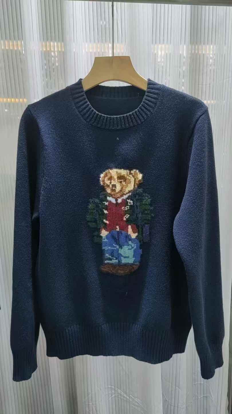 Designer brand, hot-selling knitted long-sleeved sweater with cartoon pattern and embroidered wool round neck.