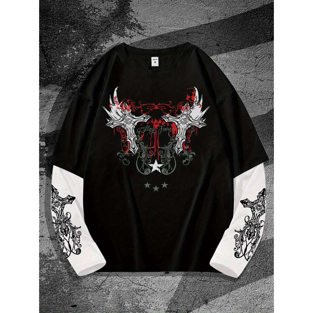 Men's Dark Print Long Sleeve T-Shirt - Edgy Skull Star Design, Stretchy Crew Neck Casual Tee For Streetwear & Everyday Style, Gothic Fashion, Med