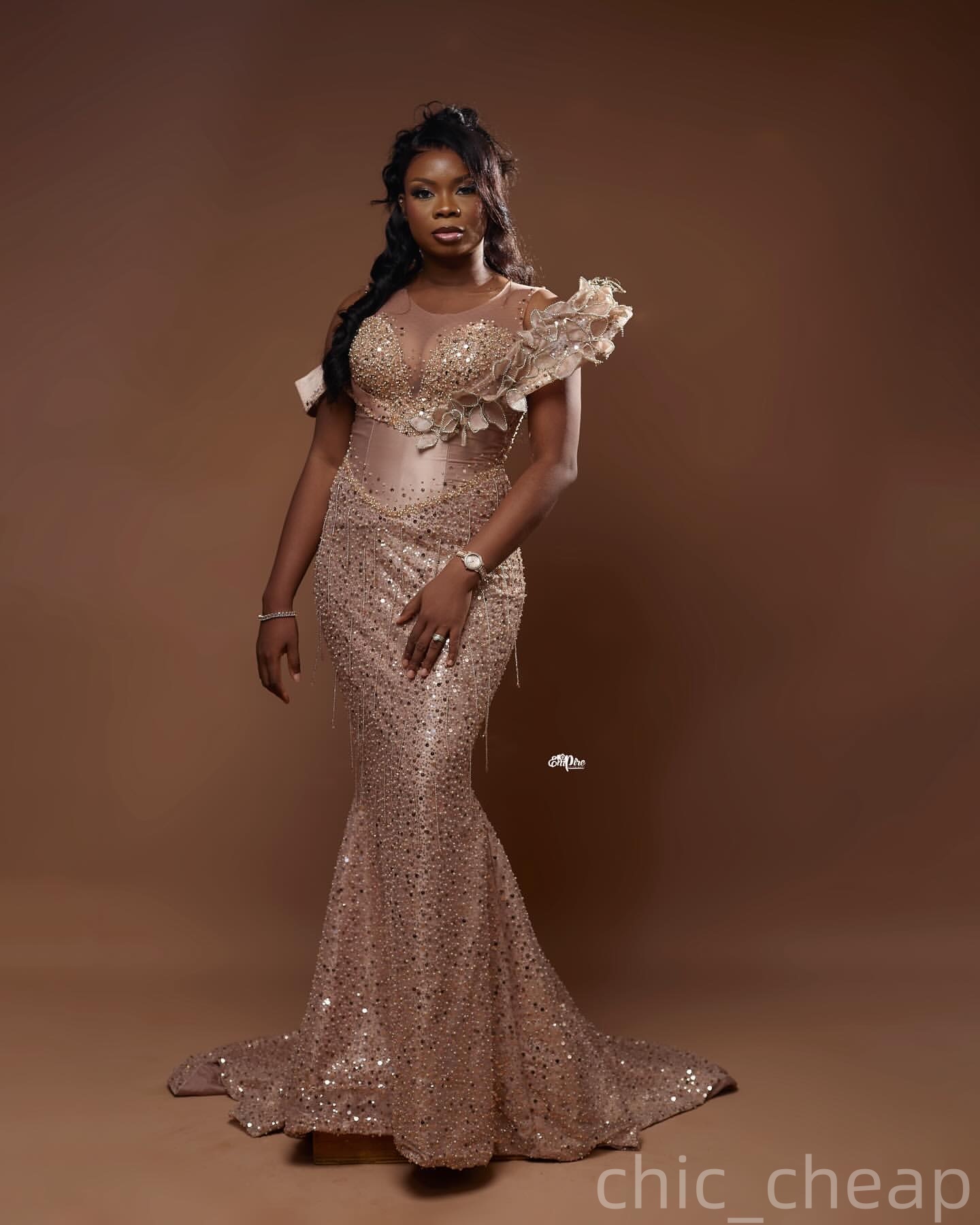 Champagne Mermaid Prom Dresses 2025 Beaded Florals Sequined Sparkly Evening Formal Party Second Birthday Engagement Gowns Plus Size Dress For Special 