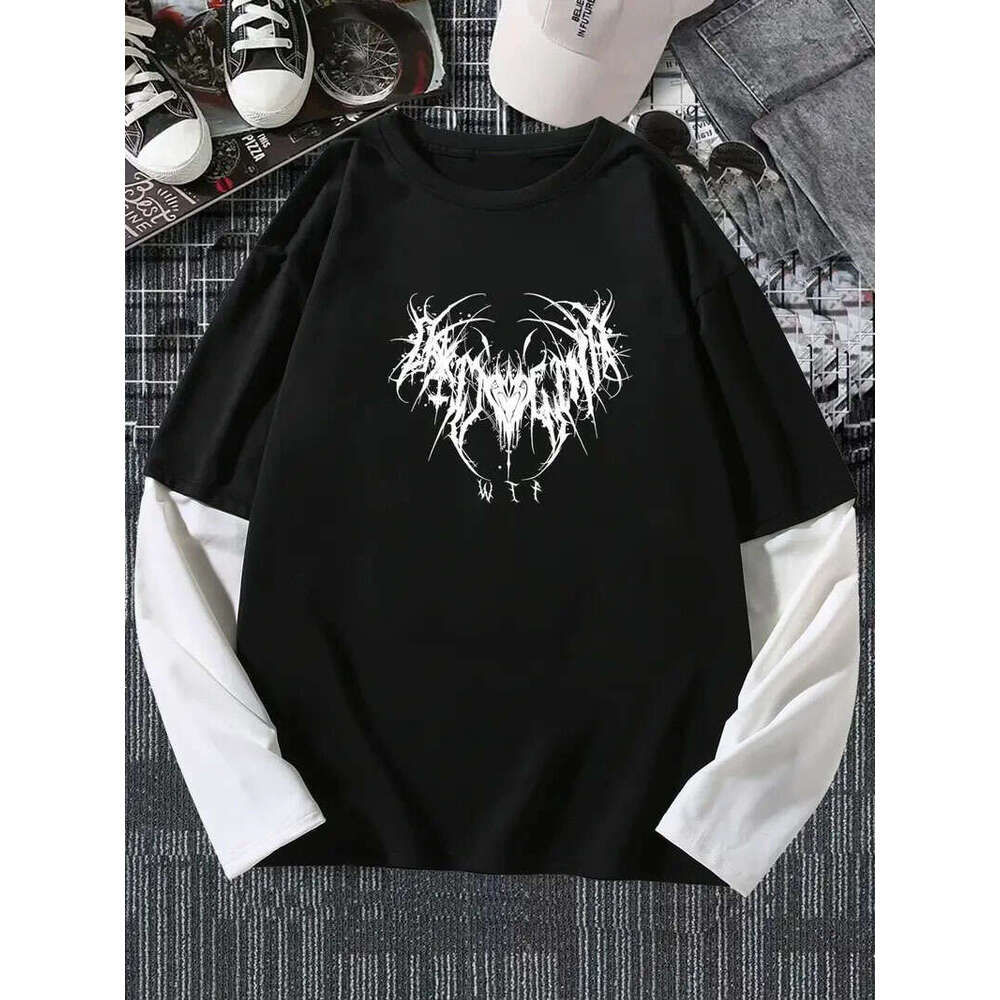 Men's Dark Print Long Sleeve T-Shirt - Edgy Skull Star Design, Stretchy Crew Neck Casual Tee For Streetwear & Everyday Style, Gothic Fashion, Med