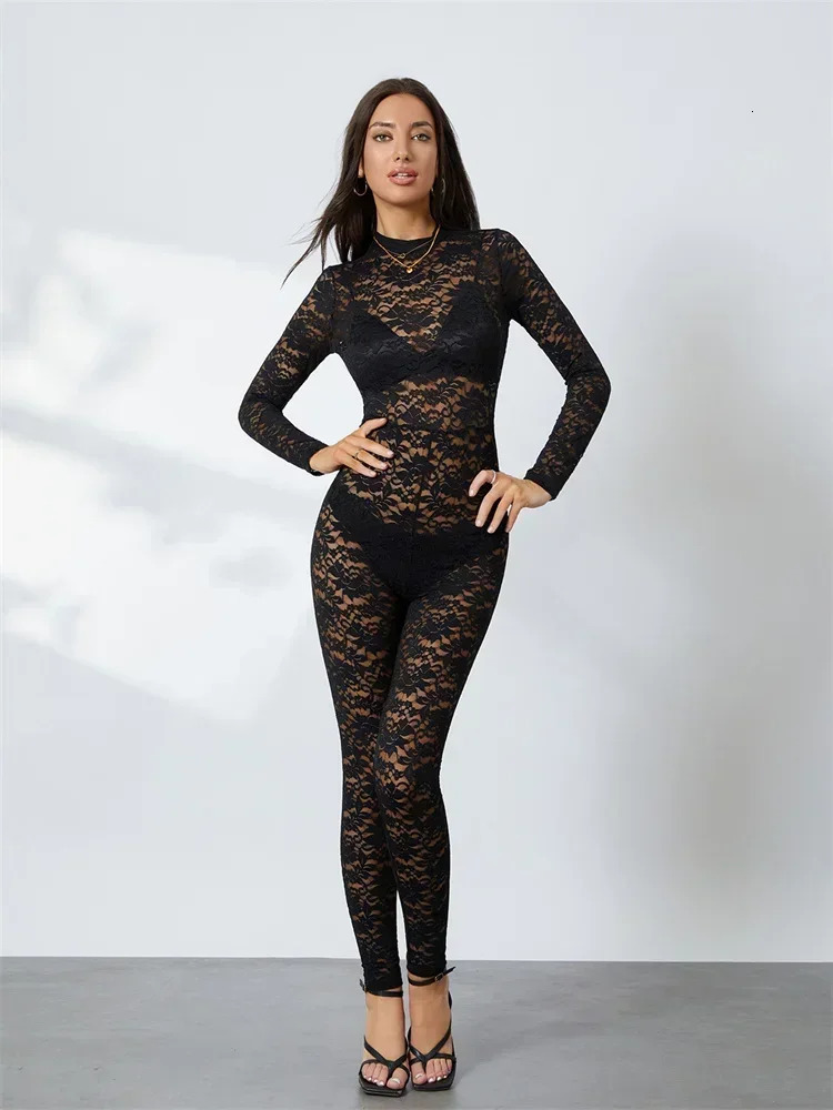 Womens Lace Jacquard Jumpsuits Long Sleeve Mock Neck Bodycon Long Romper See Through Club Sexy Overalls Streetwear 251016