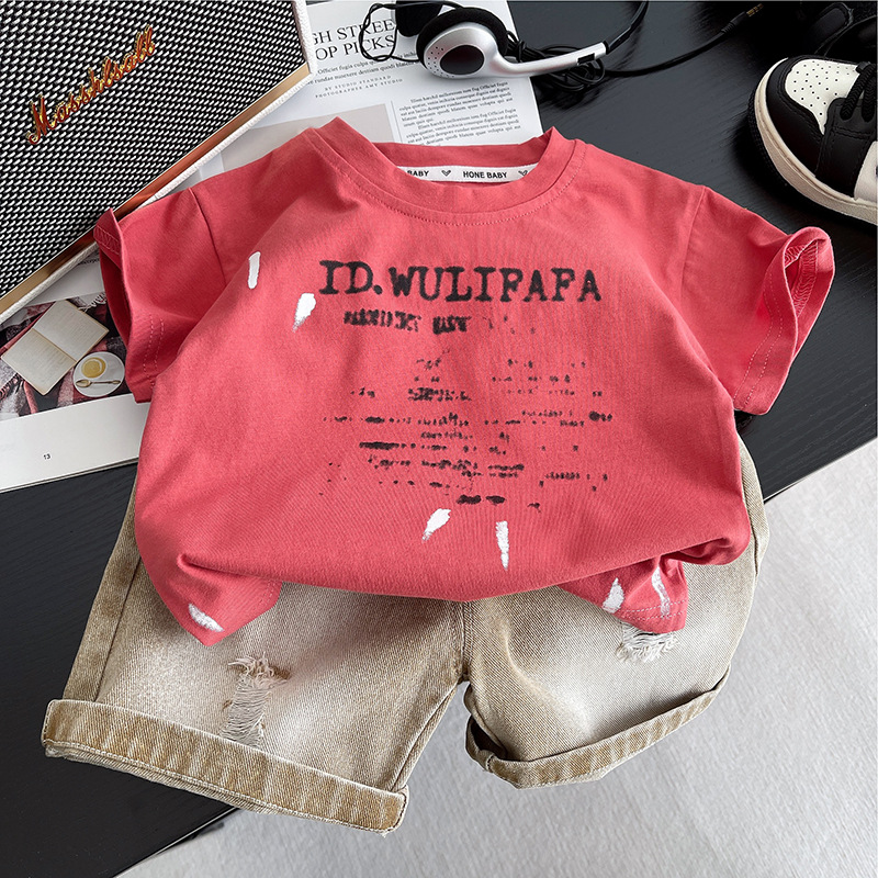 Boys' summer outfit new summer short sleeved 2025 vintage round neck two-piece loose fit free shipping