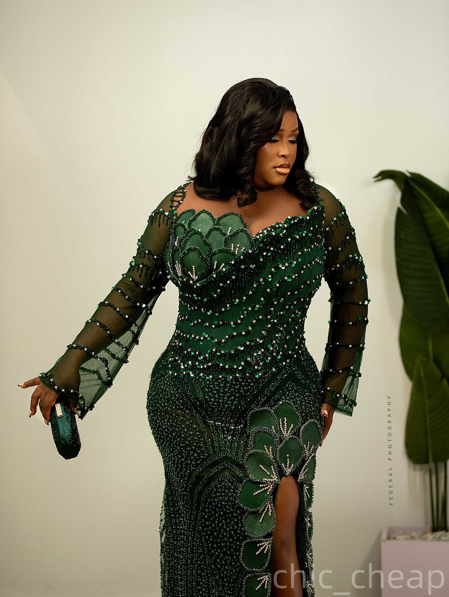 Sheath Dark Green Prom Dresses 2025 Florals Crystals Full Sleeves Evening Formal Party Second Birthday Engagement Gowns Plus Size Dress For Special Oc