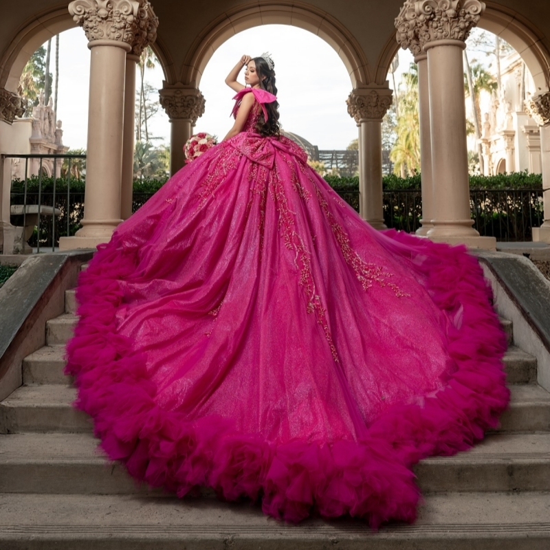 Rose Red Shiny Quinceanera Dresses Off The Shoulder Beading Crystal Bow Tiered Tull Party Birthday Sweet 16 Dres Vestidos 15 De Anos