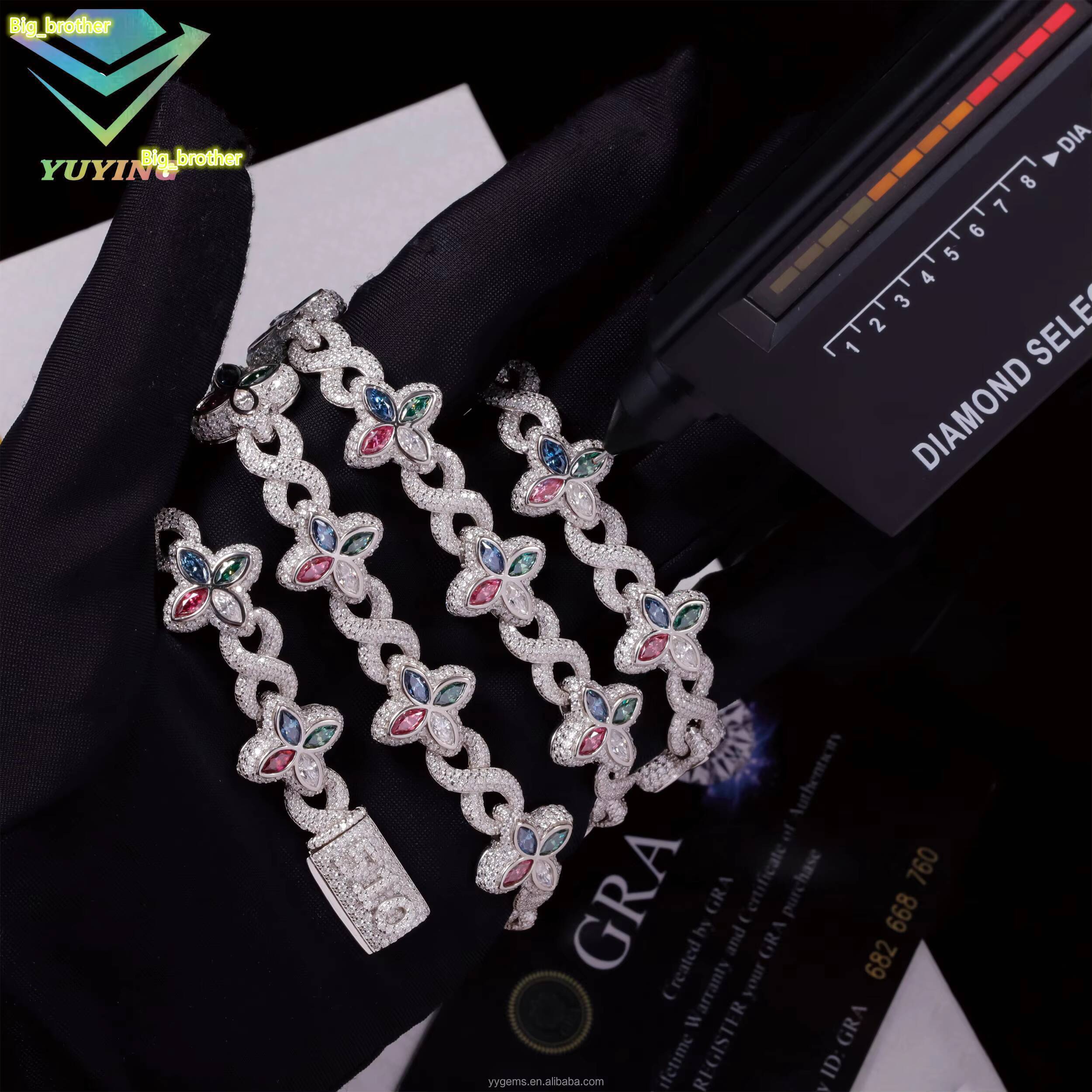 Designer necklace Fashion Hip Hop Jewelry Gold Plated 925 Sterling Silver Colored Moissanite Diamond Four Leaf Clover Necklace Cuban Link Chain