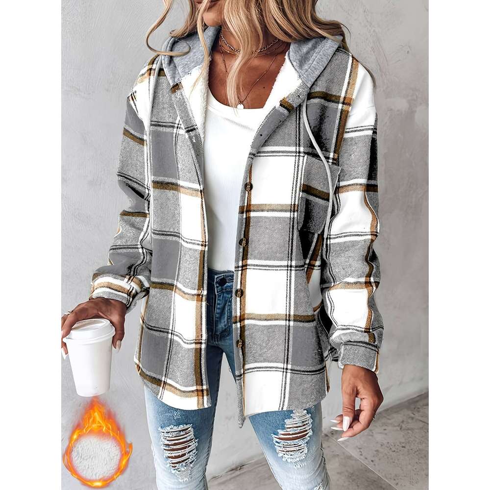 Women's Plaid Hooded Jacket With Fleece Lining - Cozy Winter Adjustable Drawstring Hood & Button Front, Warm Outerwear For Fall And Winter, Hine 