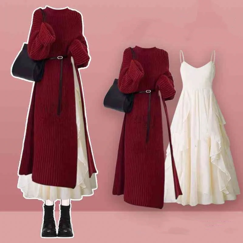 Womens Spring Autumn Long Split Sweater Sling Dress Two Piece Set Lady Graceful Black Knit Clothing Sleeveless Dresses Outfits 251014