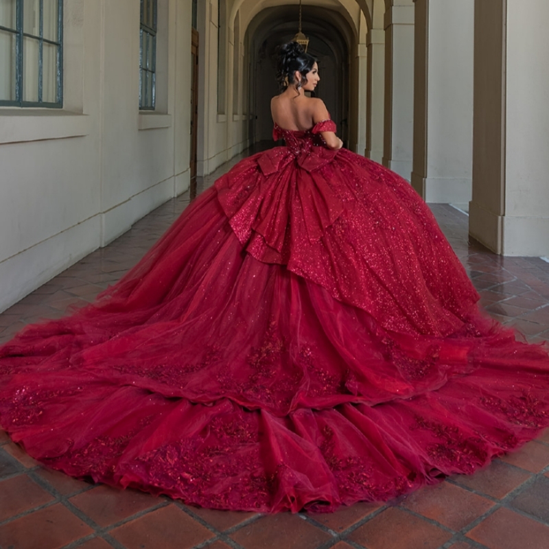 Red Shiny Quinceanera Dresses Off The Shoulder Applique Lace Beading Crystal Bow Tull Corset Party Birthday Sweet 16 Dres Vestidos 15 De Anos