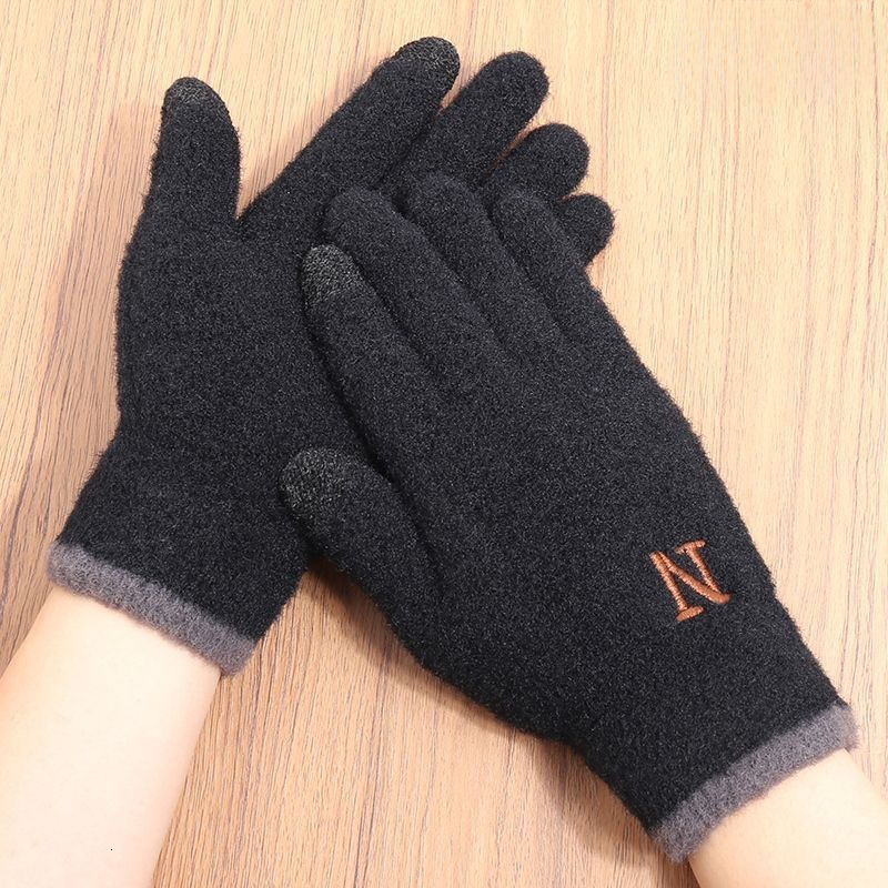 Men's Fleece-Lined Thickened Letter Embroidery N Cycling Winter Cold-Proof Warm Gloves Touchscreen