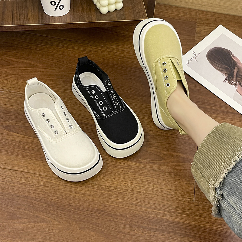 Women's Square Head Toe Low-Profile Canvas Shoes Women's Spring Summer New Style Breathable Thin-Material Flat Heel Board Shoes Student Brea