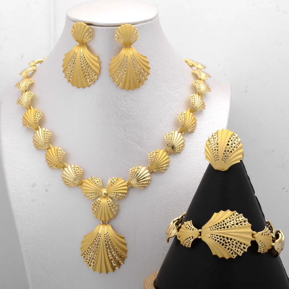 Sunny Jewelry Set Costume Shell Earrings Necklace Bracelet Ring Simple Gold Plated For Women Bridal Wedding Party 251016