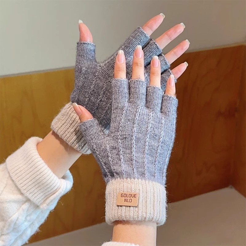 Winter Student Half-Finger Knitted Wool Fleece Touchscreen Writing Cycling Anti-Slip Fingerless Warm Gloves