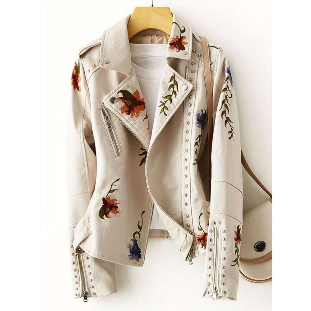 Women Floral Embroidered Moto PU Jacket Coat