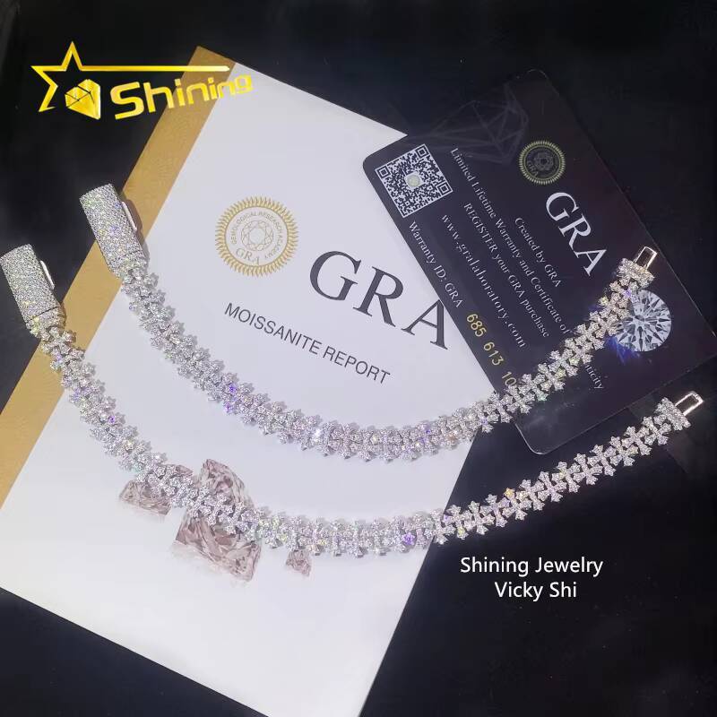 Fine Jewelry Hip Hop Iced 8mm Moissanite Cross Bracelet Pass Tester 925 Silver VVS Moissanite Diamond Cuban Link Chain