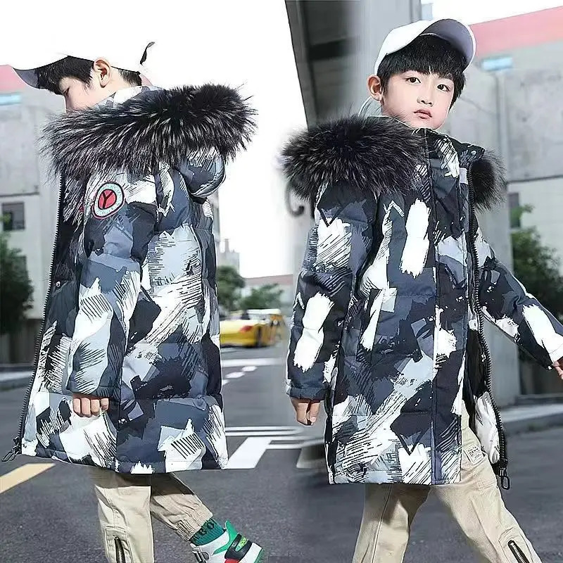 Winter Kids Thickened Long Coats Boys Camouflage Padded Hooded Cotton Jackets Plus Velvet Warm Outerwear Children Clothing 251017