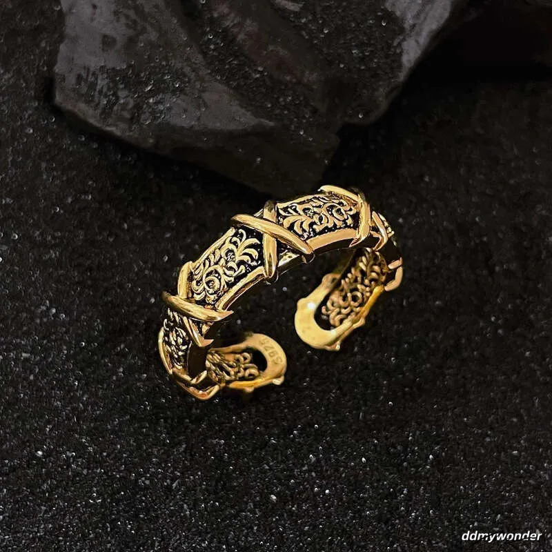 Antique Gold Color Cross Ring For Women, Tang Grass Pattern Fashion Ring, Light Vintage Style, High-End Index Finger Jewelry Ddmywonder