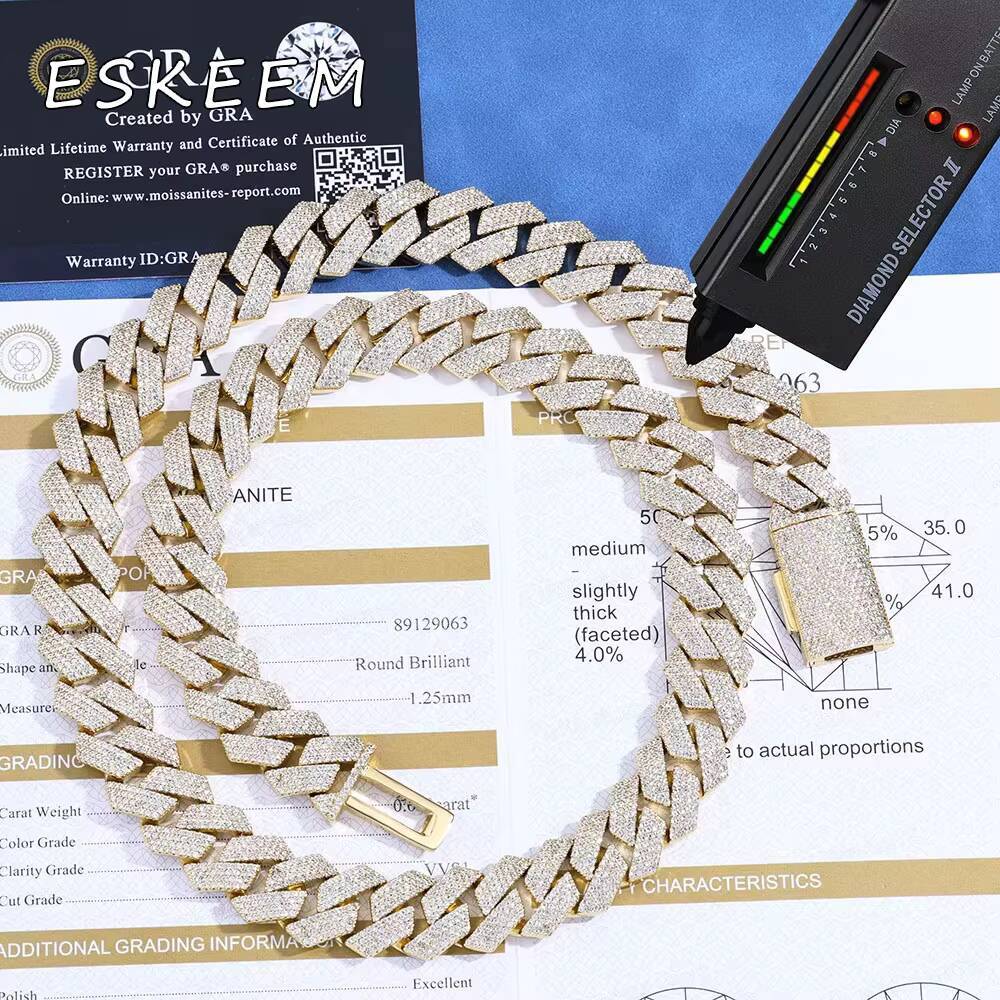 Eskeem Luxury 15mm Iced Out Cuban Link Chain Necklace 925 Sterling Silver Shiny VVS Moissanite Hip Hop Jewelry