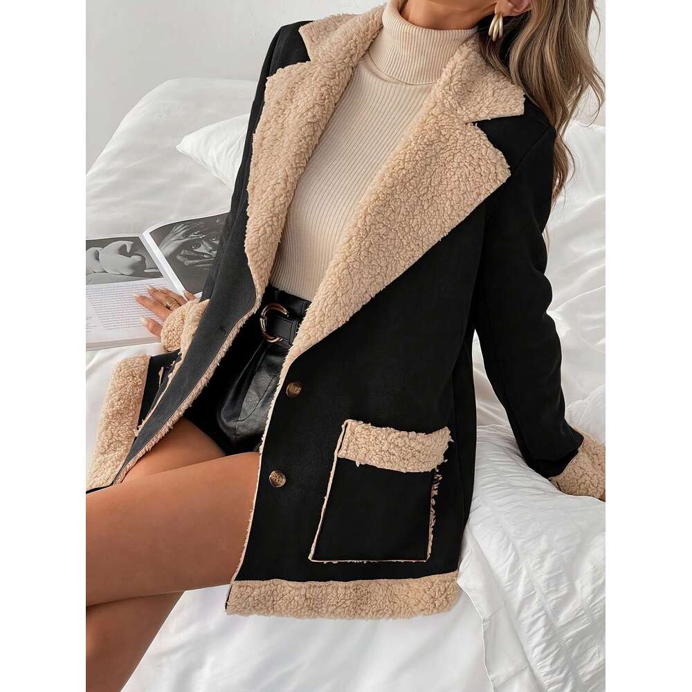 Elegant Women's Fleece-Lined Polyester Blazer, Solid Color, Long Sleeve, Woven Fabric, For All-Season Jacket