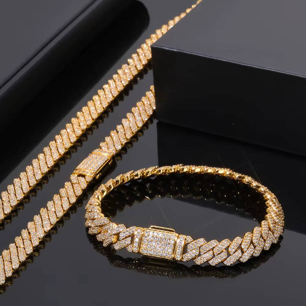 NUOYA Hip Hop Fine Jewelry 8mm Flip Button Diamond Double Row Diamond Bracelet Gold Plated Iced Out CZ Cuban Link Chain