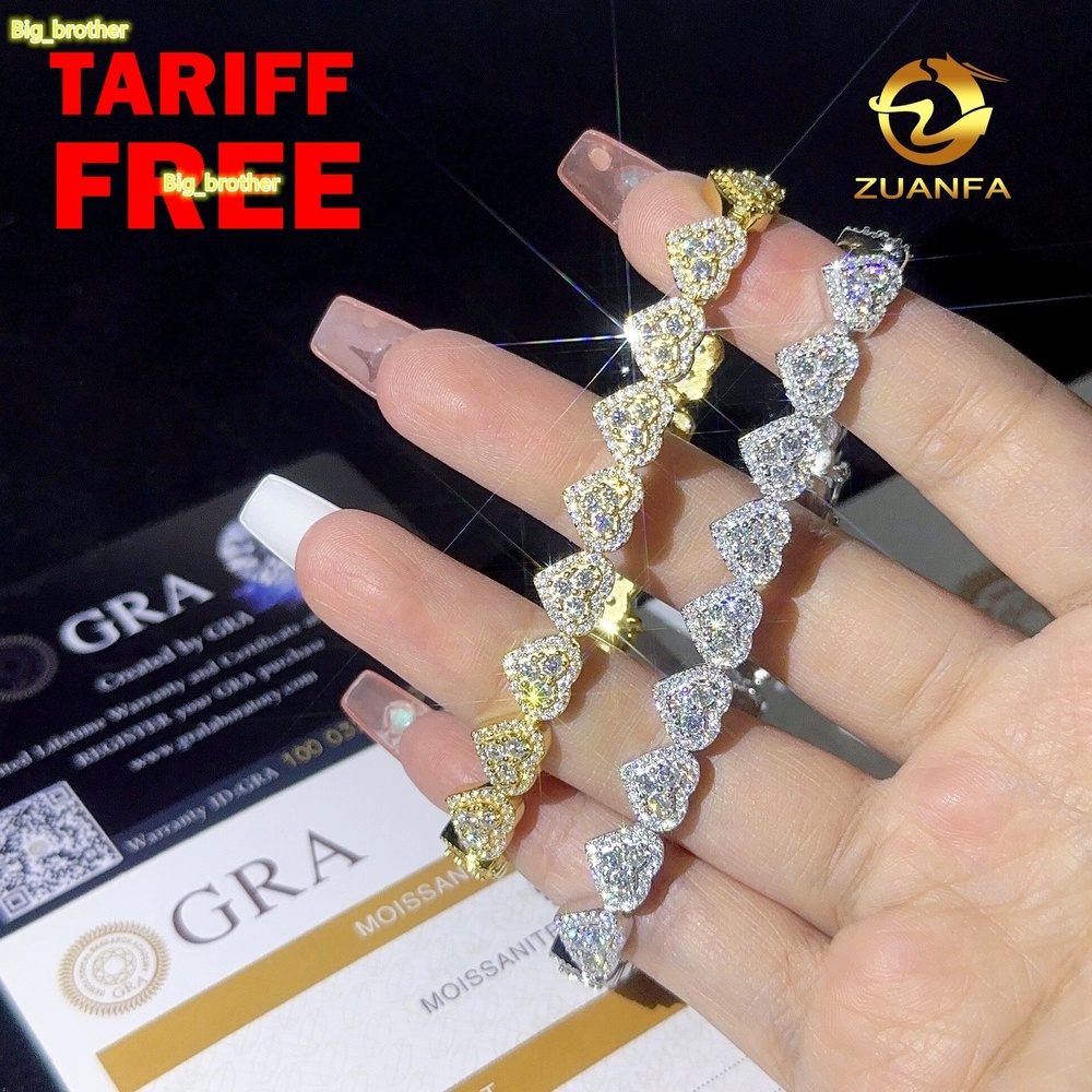 Fine Jewelry 8mm Heart Shape VVS Moissanite Cuban Link Bracelet 925 Silver Moissanite Hip Hop Jewelry Cuban Chain for Men Women