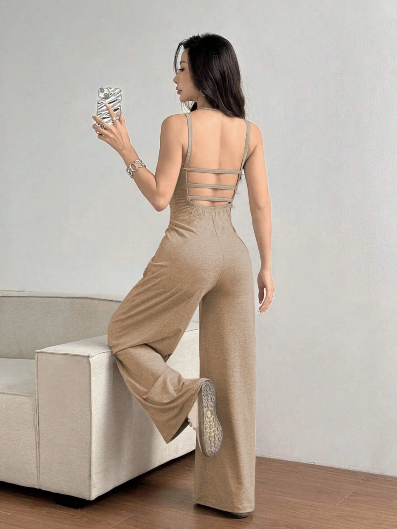 Womens Fashionable Casual Knitted OnePiece Romper WaistCinching BackExposing Elegant WideLeg Pants Sporty Casual Jumpsuit 251016