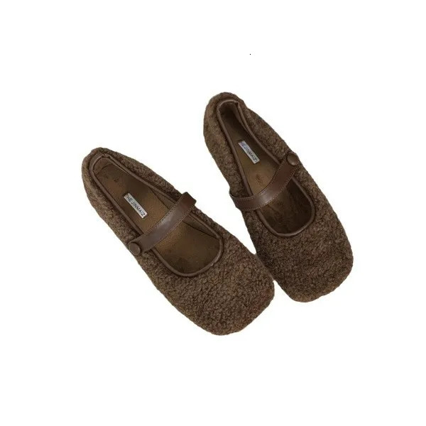 Comfortable Square Toe Wool Ballet Flats Women Warm Teddy Fur Mary Jane Shoes Women Elegant Fluffy Plush Loafers 251013