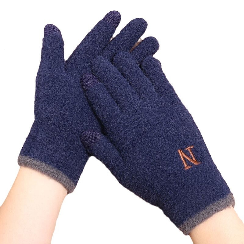 Men's Fleece-Lined Thickened Letter Embroidery N Cycling Winter Cold-Proof Warm Gloves Touchscreen