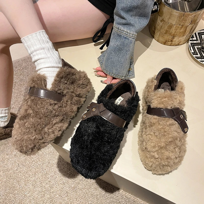 Womens Winter Footwear Warm Ladies Causal Cotton Shoes Furry Hairy Soft Versatile Women Fashion Black Plush Flat Shoes 251013