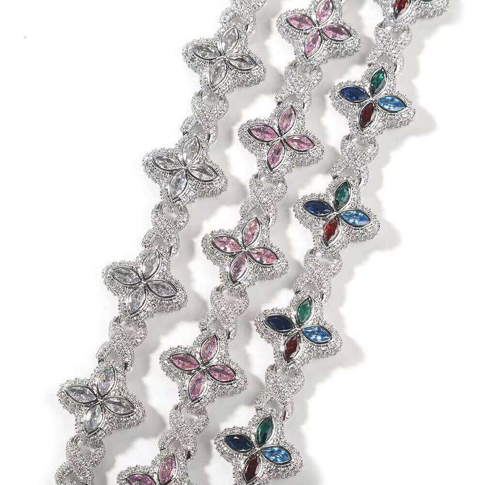 New Arrival Hip-Hop Pink Blue Green VVS Moissanite Cluster 4-Leaf Clover Tennis Necklace Zircon Infinite Charm Women's Jewelry