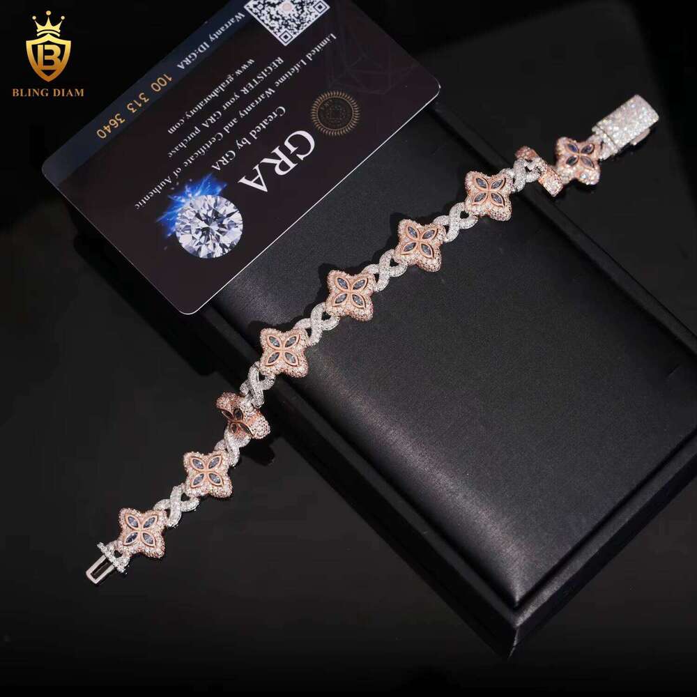 15mm Two-tone Flower Four-leaf Clover Sier Hip-hop Men's Jewelry Iced Cuban Chain Moissanite Infinity Rose Gold Pink Bracelet