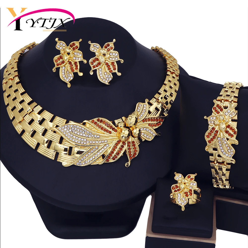 YTJX Wedding Jewelry Set Africal Big Flower Choker Necklace Fine Zircon Bracelet Piercing Earring Ring 18K Gold Plated Jewellery 251016