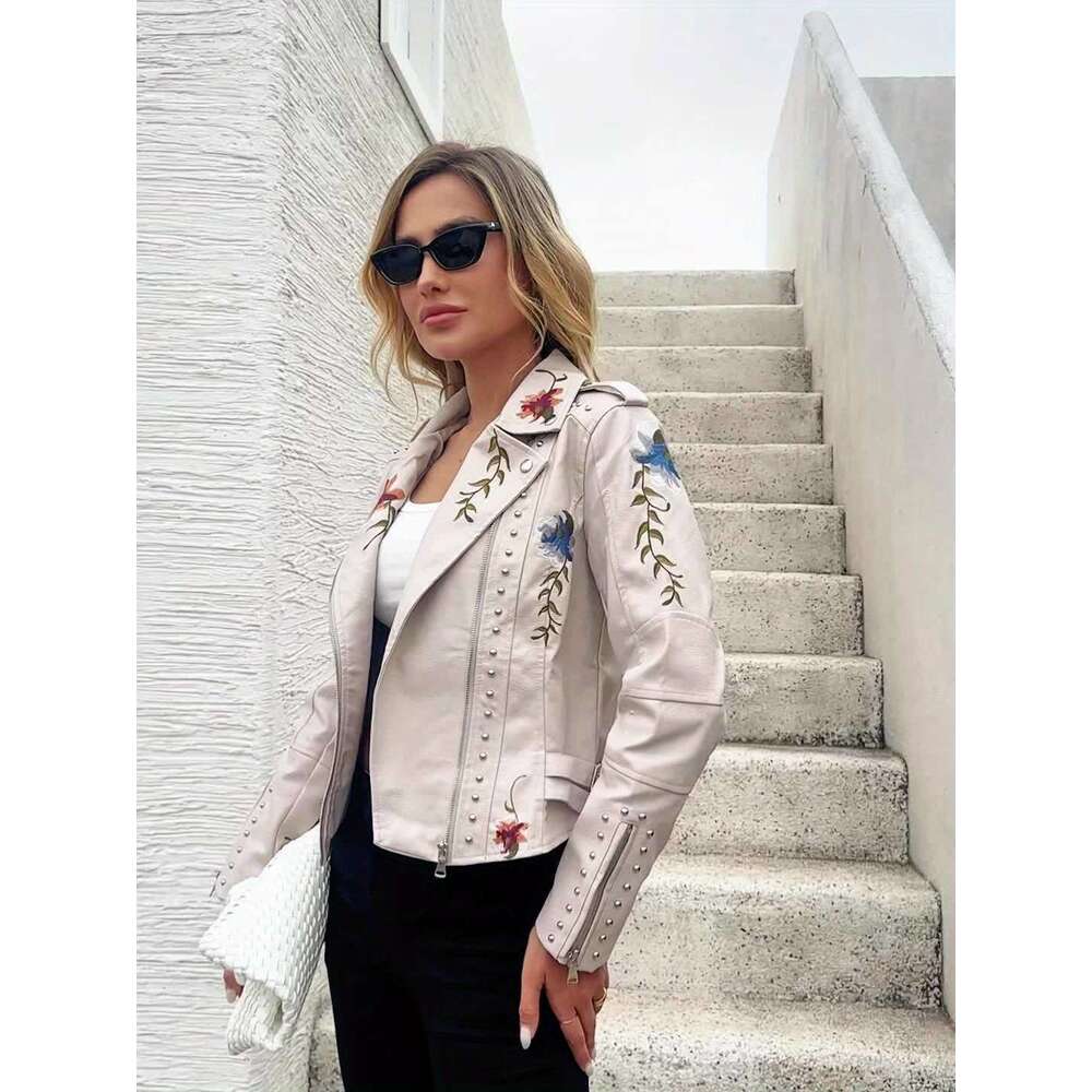 Women Floral Embroidered Moto PU Jacket Coat