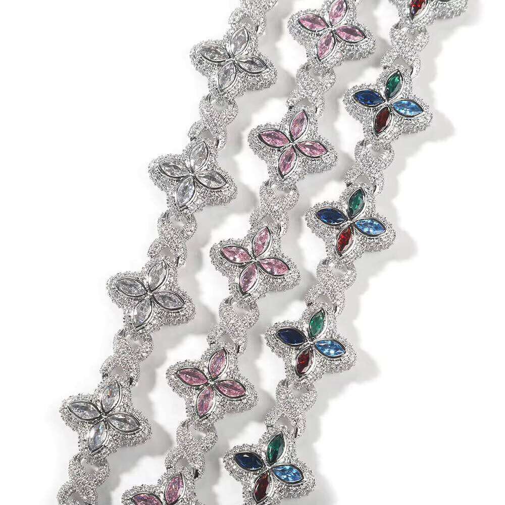 UWIN Duty-Free Multi-Color VVS Moissanite Cuban 4-Leaf Clover Flower White Gold Finished Miami Chain Necklace