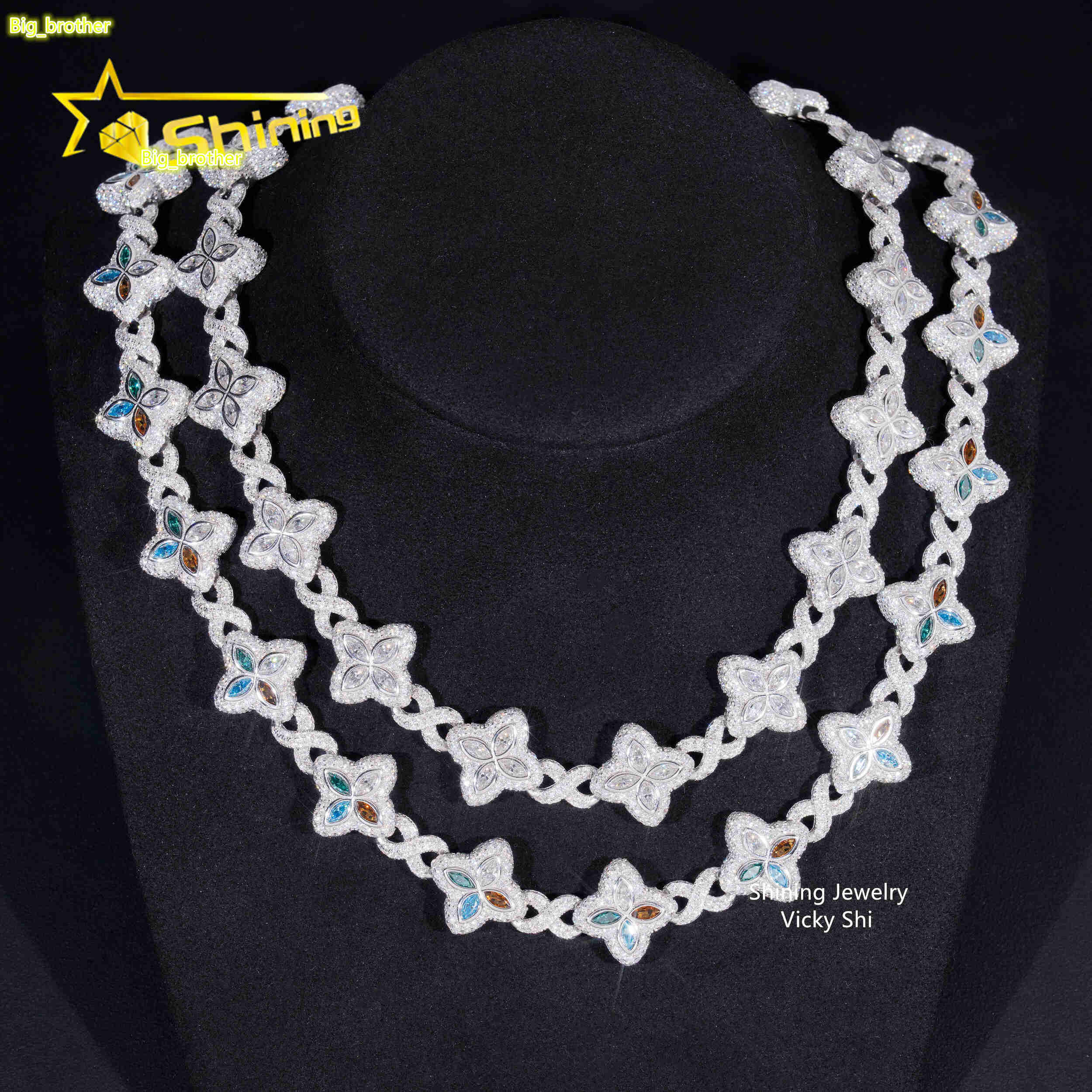 Rapper Hip Hop Jewelry Iced Out Moissanite Necklace 925 Silver Colored Four Leaf Clover VVS Moissanite Cuban Link Chain