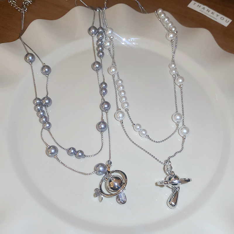 Inlaid Dia Saturn Water Drop Pearl Necklace French Light High-end Sweater Chain Autumn Winter Versatile Simple Jewelry Accessories