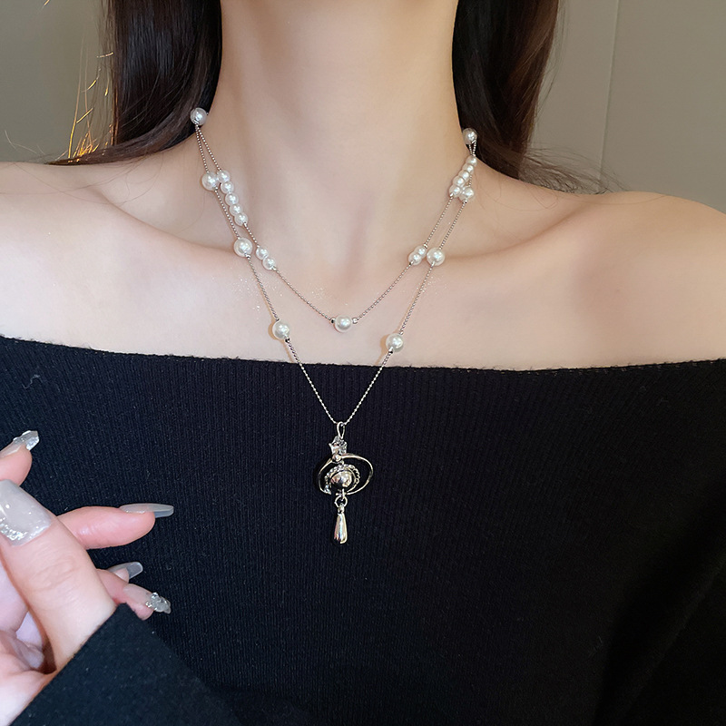 Inlaid Dia Saturn Water Drop Pearl Necklace French Light High-end Sweater Chain Autumn Winter Versatile Simple Jewelry Accessories