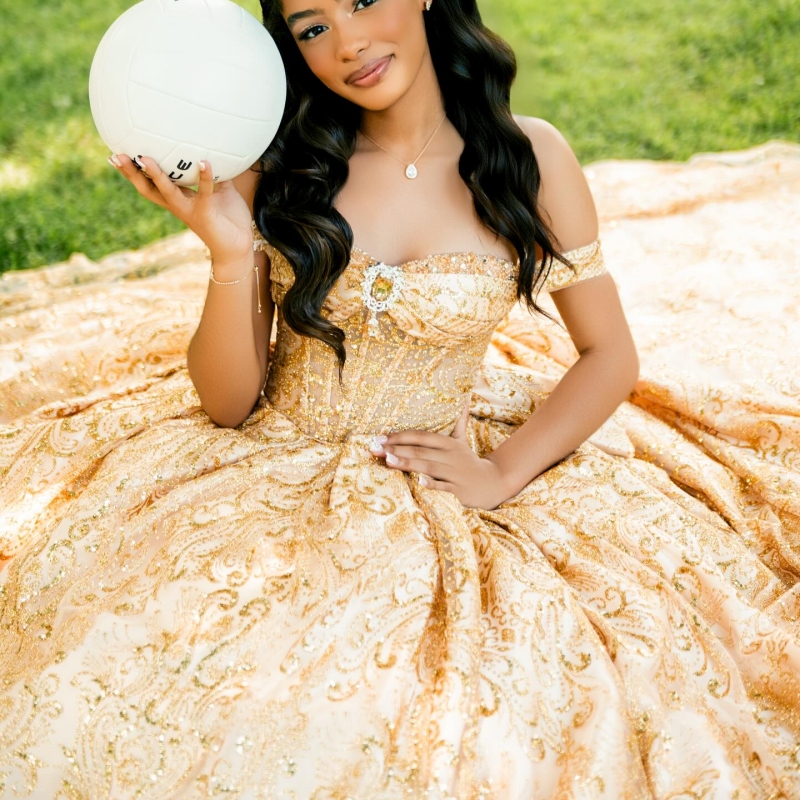 Champagne Shiny Quinceanera Dresses Off The Shoulder Sequin Applique Lace Beading Crystal Bow Tull Corset Party Birthday Sweet 16 Dres Vestidos 15 De 