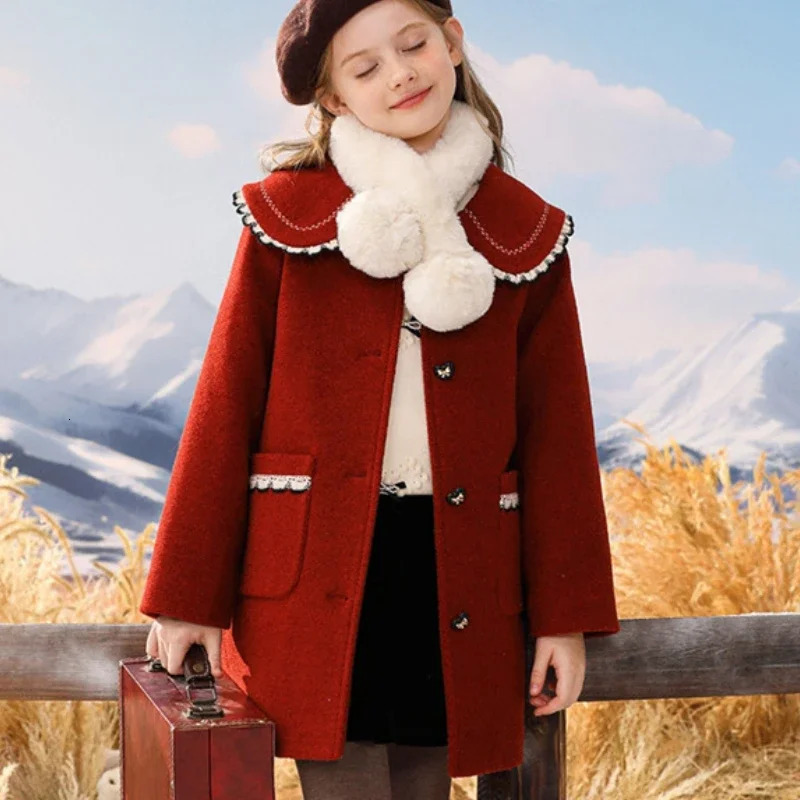 Girls Woolen Coat Jacket Windbreak Red Wine Warm Thicken Winter Cotton Overcoat Christmas Teenagers Childrens Clothing 251015