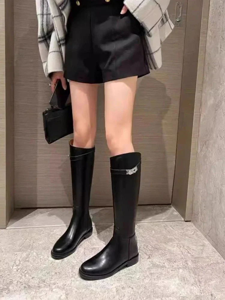 Black Leather Elegant with Low Heels Ladies Knee High Shaft Shoes Trend in Comfortable Rock Y2k Womens Long Boots 251017