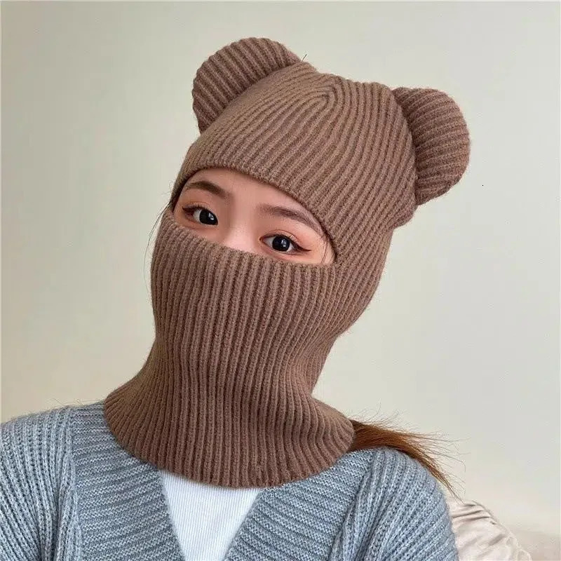 Womes Cute Full Face Cover Ski Mask Hat with Bear Ear Balaclava Knitted Hats Windproof Skullies Beanies Bonnet Winter Warm 251014