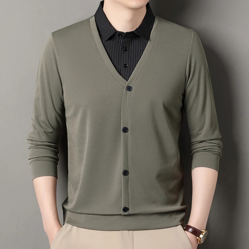 Two Knitted Sweaters for Men 2025 Business Casual Long Sleeve Tshirt Striped Shirt Collar Sweater AutumnWinter 251015