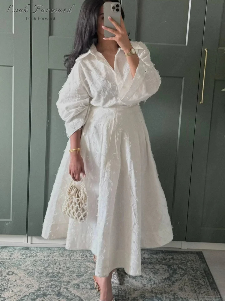Tassel Shirt Long Skirt Suit Women Loose Lapel Buttons Blouse Aline Skirt Set Female Full Sleeve Autumn white Sets Lady 251014