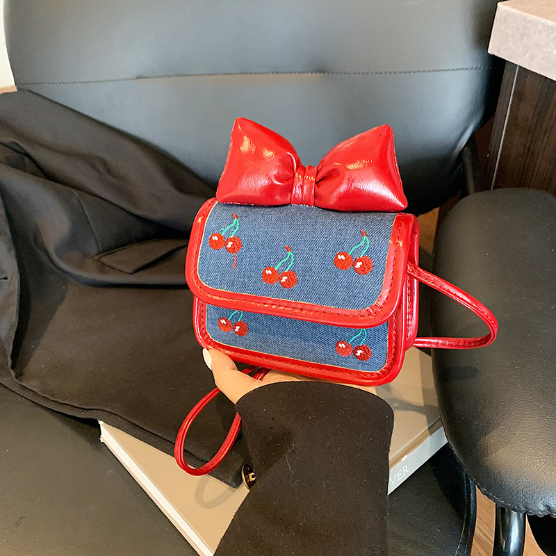 Luxury Brand Designer Bag New Cute Girly Style Bow Mini Square Bag Fashionable Denim Children's Cherry Exquisite Crossbody Bag