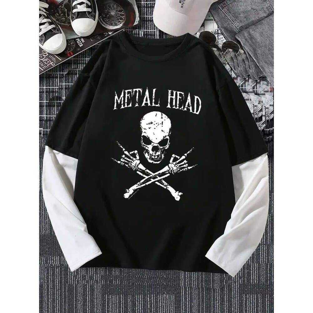 Men's Dark Print Long Sleeve T-Shirt - Edgy Skull Star Design, Stretchy Crew Neck Casual Tee For Streetwear & Everyday Style, Gothic Fashion, Med