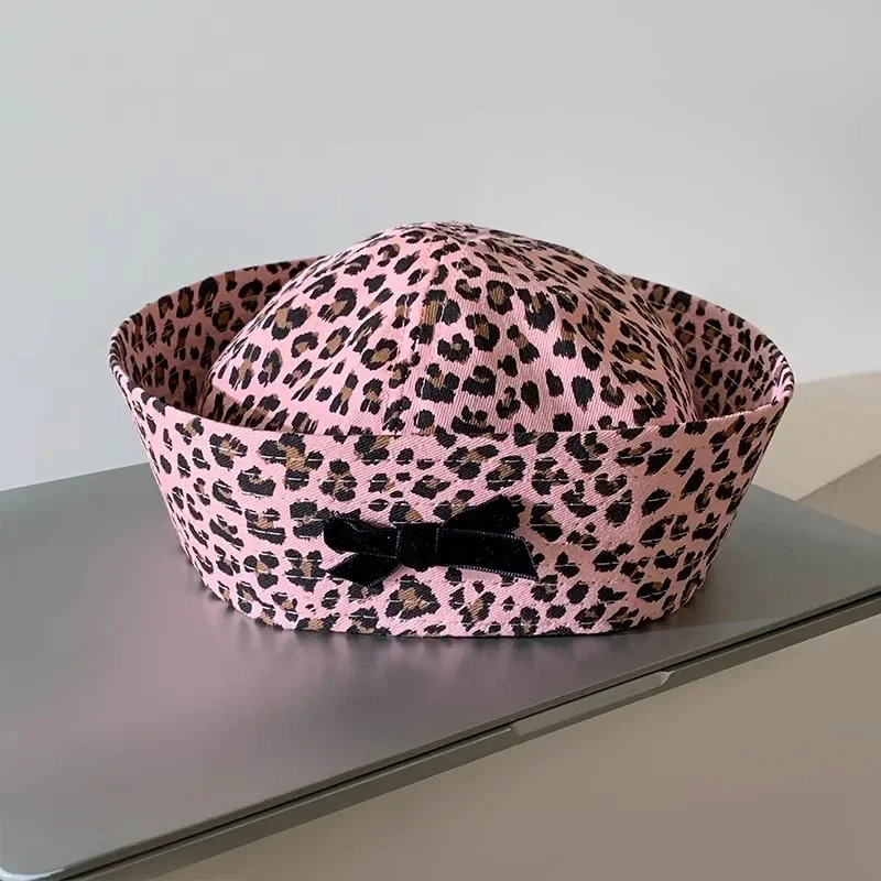 Japanese Y2K JK Yuppie Style Bow Leopard Print Sailor Hat Female Retro tie Showing Face Small Flipped Brim Beret Cap Women 251008