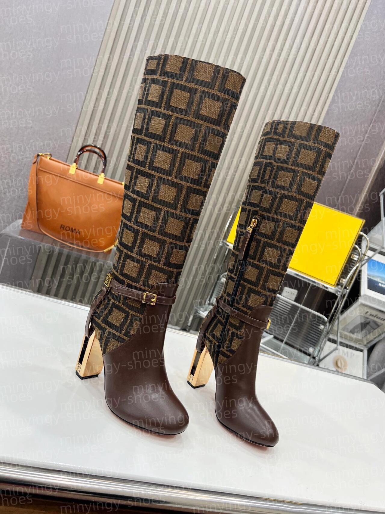 Italian designers new autumn-winter womens knee-length high-heeled boots fashion show round toe hollow thick platform heels side zipper oversized women's size 35-43